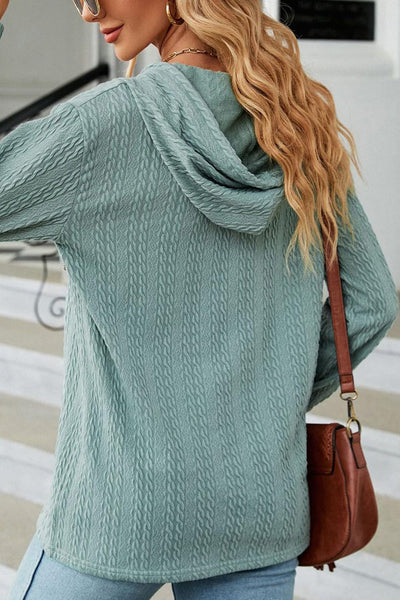 Mint Green Long Sleeve Hooded Top for Women with Textured Fabric, Button Front & Adjustable Drawstring for Comfort