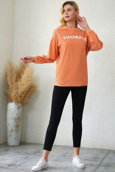 Women's Orange Corded \"Thankful\" Graphic Sweatshirt