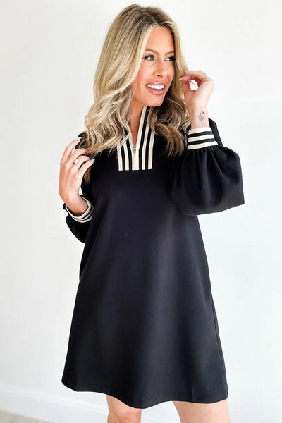Trendy Women's Black Striped Patchwork Mini Dress with Zip Neck Long Sleeve Shift Style for Chic Casual Outings