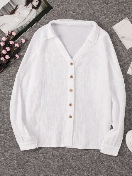 Cotton Linen Button Sleeve Blouse with Balloon Sleeves