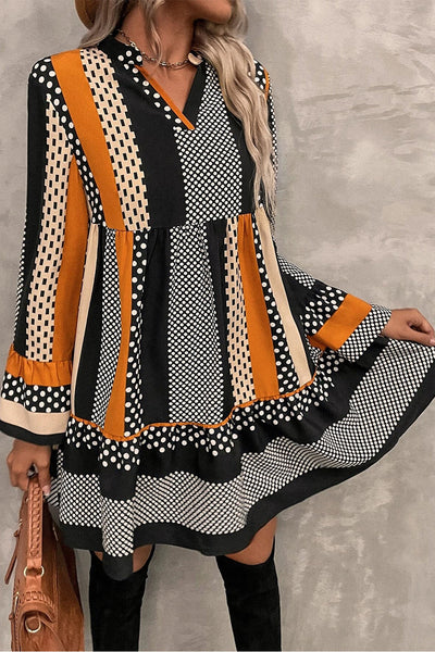 Chic Women's Black Striped Polka Dot Mini Dress with Ruffled Hem and V-Neck for Trendy Summer Style