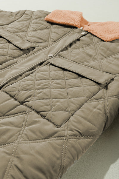 Women's Stylish Jungle Green Quilted Puffer Jacket with Cozy Teddy Collar and Functional Flap Pockets for Winter Wear