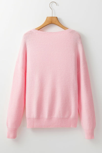 Cozy Women's Pink Knitted Sweater with Floral Design & Ribbed Edges - Perfect for Casual Outings and Everyday Style