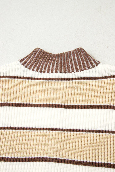Women's Khaki Stripe Half-Zip Sweater with Drop Shoulder