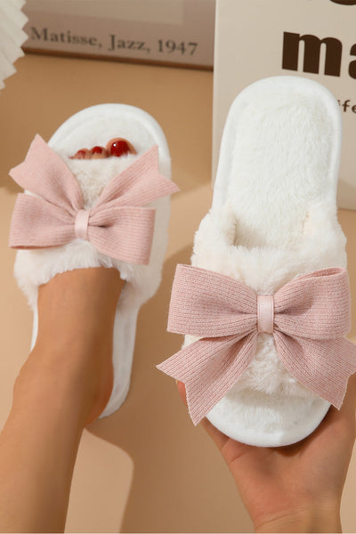 Women's Plush White Open-Toe Slippers with Dusty Rose Bow