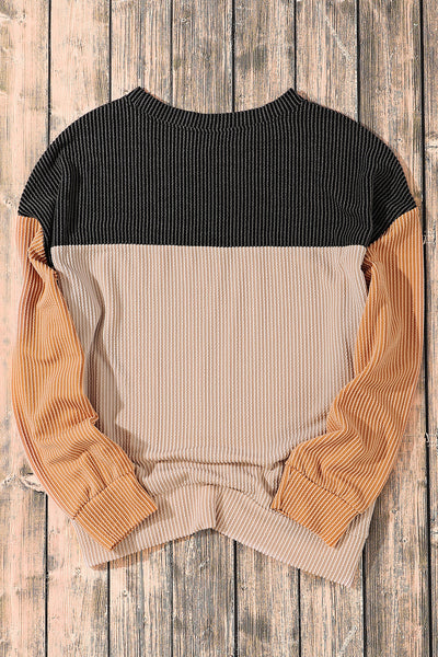 Stylish Women's Black Color Block Ribbed Long Sleeve Top - Relaxed Fit for Effortless Casual Comfort