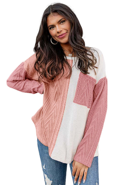 Women's Long Sleeve Colorblock Knit Top in Peach Blossom - Textured, Stylish Fit with Chest Pocket for Everyday Comfort