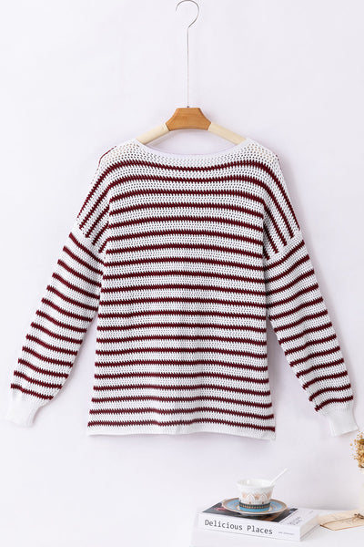 Women's Red Striped Knit Crewneck Sweater with Split Hem