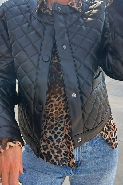 Stylish Women's Black Quilted Faux Leather Winter Jacket with Snap Buttons - Cozy Outerwear for Cold Weather Fashion