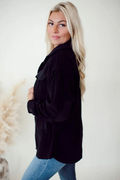 Cozy Chic Women's Black Fleece Shacket with Button Down Closure and Trendy Patchwork Design, Perfect for Fall Fashion
