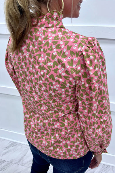 Charming Women's Pink Floral Blouse with Ruffled Sleeves & Frilled Collar - Perfect for Spring Fashion