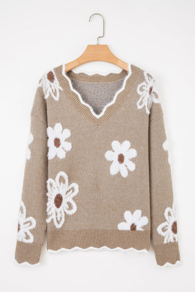 Women's Scalloped V-Neck Sweater in Soft Knit - Elegant Casual Top for Effortless Style and Comfort