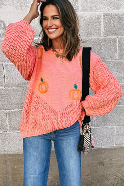 Women's Cozy Pumpkin Embroidered Sweater - Cute Autumn Style, Comfortable Fit for Fall Fashion Outfits