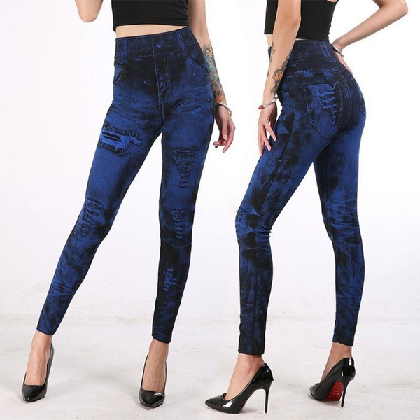 Distressed Denim Elastic Pants