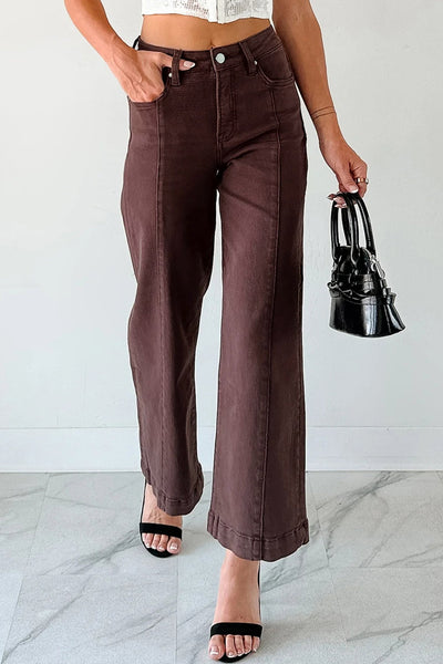 Women's Red Sandalwood High-Waist Seamed Wide Leg Cropped Jeans