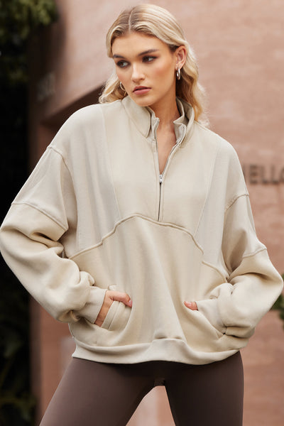 Women's Apricot Cotton-Blend Oversized Half-Zip Pullover