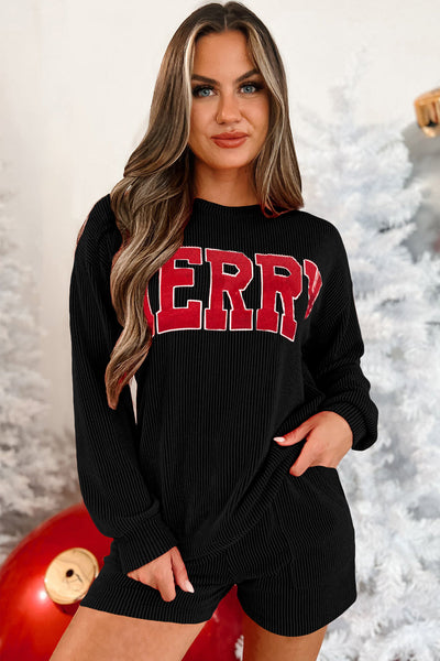 Women's Casual Black MERRY Graphic Long Sleeve Top and Shorts Set - Trendy Relaxed Fit for Effortless Style