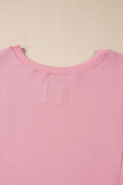 Chic Women's Pink Oversized Waffle Knit Top with Bishop Sleeves & Side Split for Effortless Casual Style
