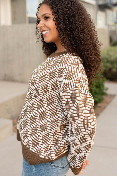 Cozy Women's Khaki Knit Sweater with Patterned Design, Round Neck, Perfect for Casual Everyday Wear