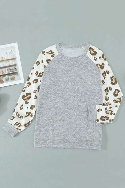 Women's Gray Melange Leopard Raglan Sleeve Top