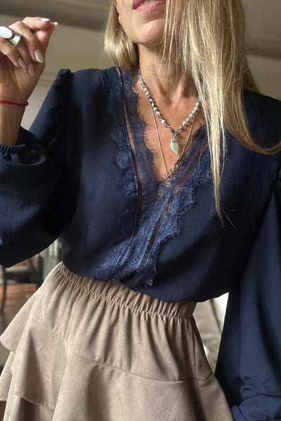 Trendy Navy Blue Puff Sleeve Blouse for Women with V-Neck and Eyelash Patch Details - Stylish Casual Top