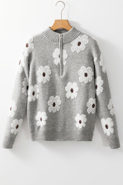 Cozy Women's Gray Floral Half-Zip Sweater - Chic Drop Shoulder Knit Pullover for Effortless Casual Style