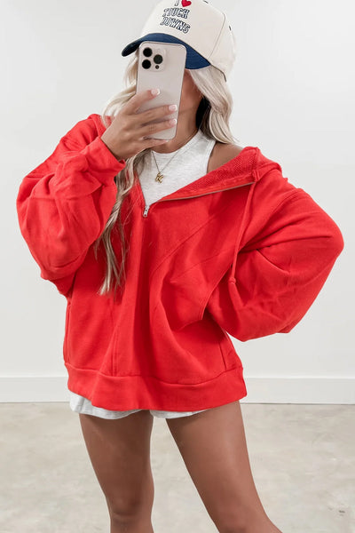 Women's Fiery Red Casual Hoodie with Half Zip and Knot Drawstring - Stylish Loose Fit for Everyday Comfort