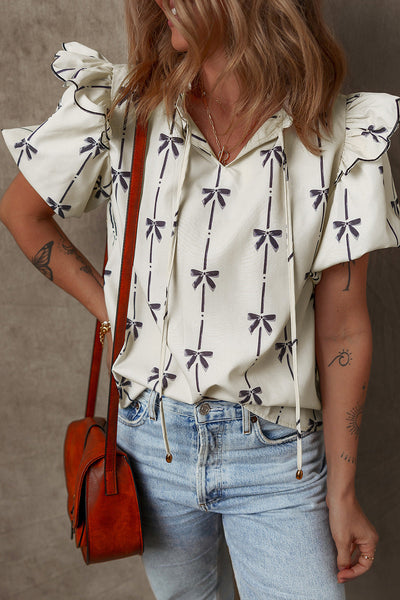 Women's Bow Print Ruffle Shoulder Puff Sleeve Blouse in Cream