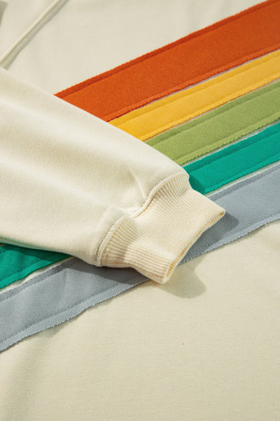 Women's Cozy Apricot Rainbow Colorblock Striped Pullover Sweatshirt - Casual Fit for Effortless Everyday Style
