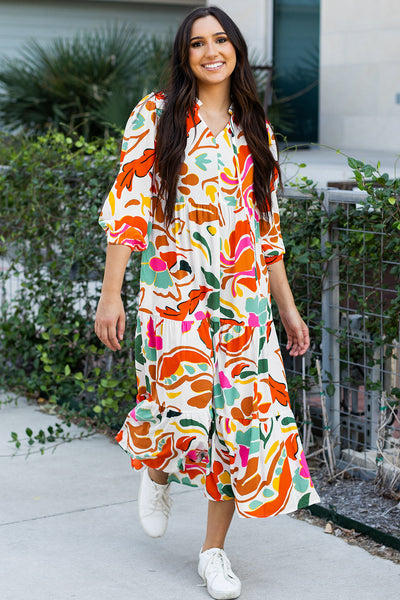 Boho Chic Women's Orange Floral Split V-Neck Tiered Maxi Dress for Effortless Summer Elegance and Comfort