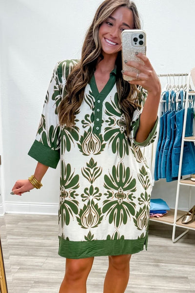Women's Green Floral Mini Dress with Color Block Trim & 3/4 Sleeves - Ideal for Casual Outings and Vacation Wear