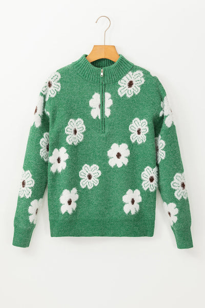 Trendy Women's Cozy Green Floral Half-Zip Sweater with Drop Shoulder Design - Ideal for Casual Outings