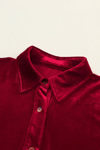 Chic Women's Fiery Red Velvet Long Sleeve Ruffle Dress - Stylish Button-Up Fit Perfect for Special Occasions