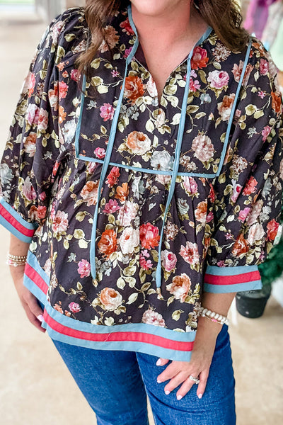 Plus Size Women's Apricot Floral Print Babydoll Blouse with Striped Contrast Trim Stylish & Comfortable Top