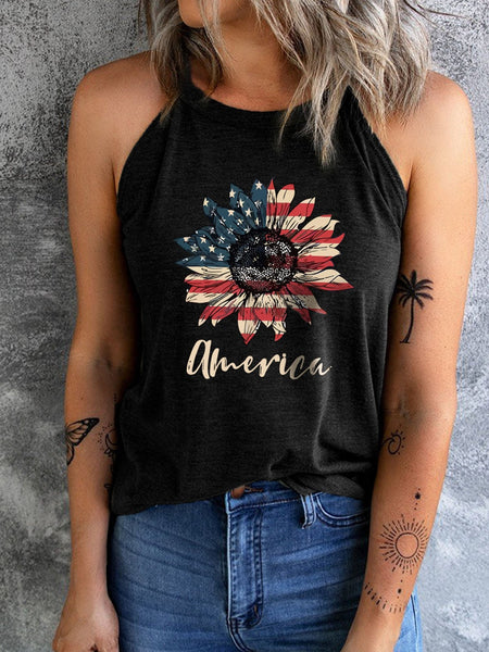 Sunflower Graphic Black Tank Top with American Flag Design