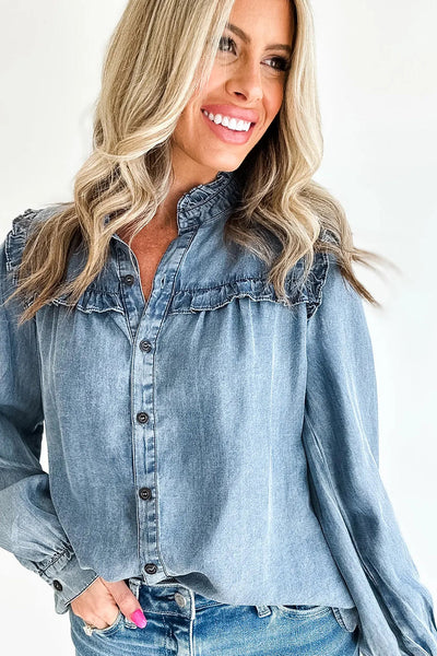 Dusk Blue Women's Chambray Shirt with Frilled Details & Button-Down Design - Stylish, Comfortable Fit for Everyday Wear