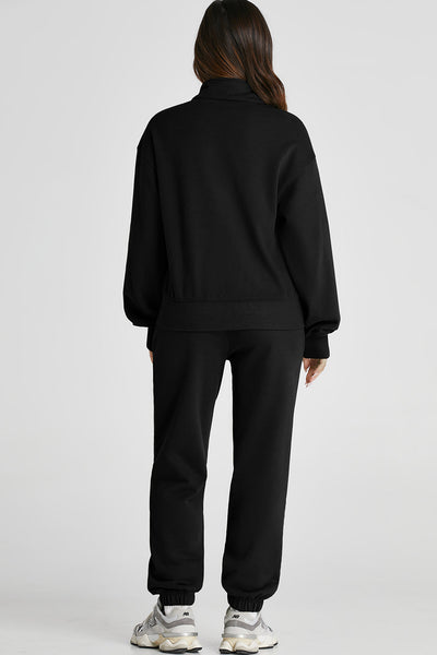 Women's Black Half-Zip Pullover Activewear Top & Joggers Set - Stylish, Comfortable Fitness Outfit for Everyday Wear