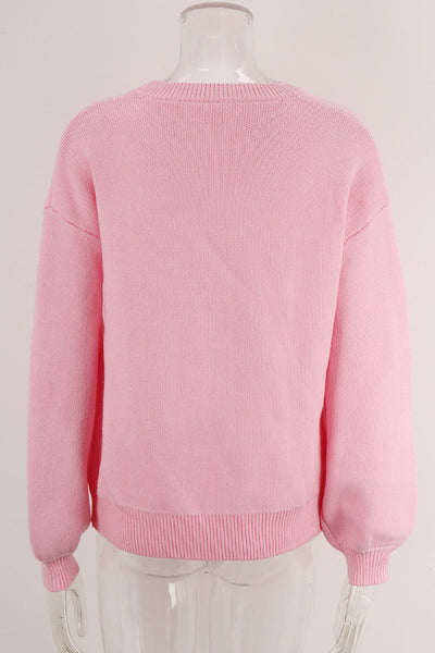 Cozy Women's Pink Bow Graphic Drop Shoulder Sweater - Casual Chic Round Neck Top for Effortless Style