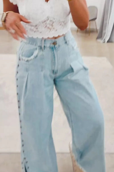 Trendy Women's Beau Blue Wide Leg Jeans with Studded Sides, Frayed Hem, and Functional Pockets for Chic Comfort
