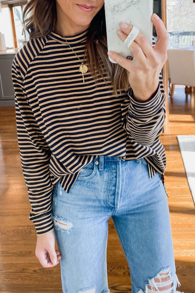 Women's Casual Chic Black Striped Long Sleeve Top with Side Splits - Loose Fit for Everyday Wear