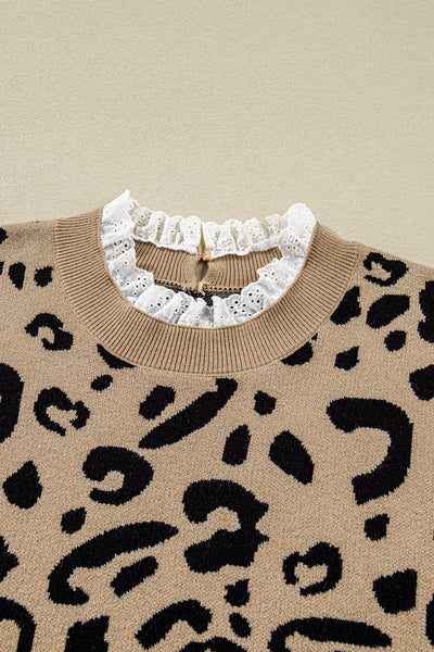women's trendy plus size women's brown leopard knit sweater with lacy trim and cuffed sleeves for a chic look with practical styling and dependable