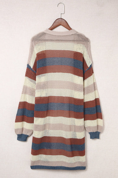 Chic Plus Size Women's Dark Blue Striped Color Block Cardigan with Open Front and Trendy Hollowed Details