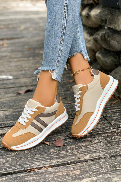 Women's Camel and Coffee Color Block Lace-Up Sneakers