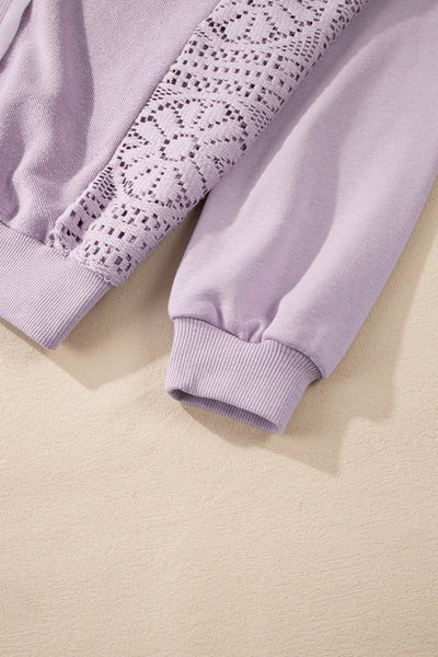 Chic Women's Orchid Petal Knit Sweatshirt with Crochet Accents, Exposed Seams, and Cozy Ribbed Trim for Effortless Style