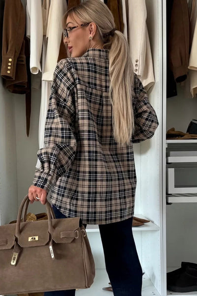 Women's Plaid Tunic Shacket in Parchment - Trendy Layering Top for Fall with Comfortable Fit and Versatile Style