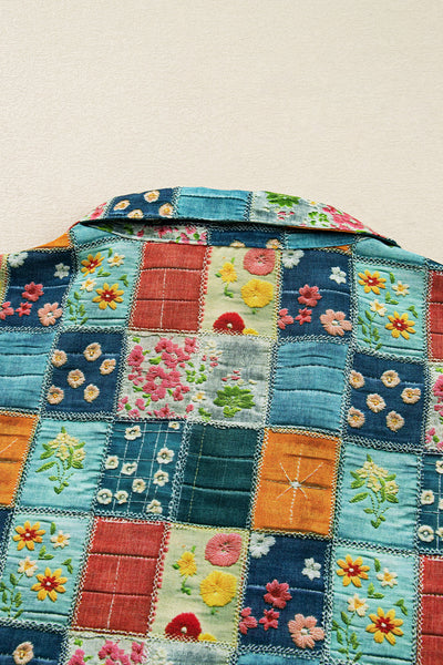 Women's Patchwork Floral Print Long Sleeve V-Neck Blouse