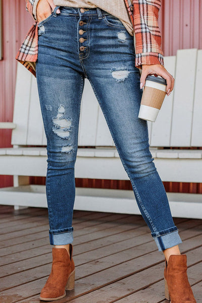 Retro Rolled Hem Single-Breasted Closure Straight Loose Casual Jeans
