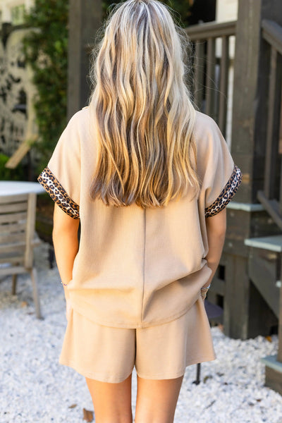 Women's Casual Zipped Short Sleeve Set in Parchment with Leopard Trim Stylish & Comfortable for Everyday Wear