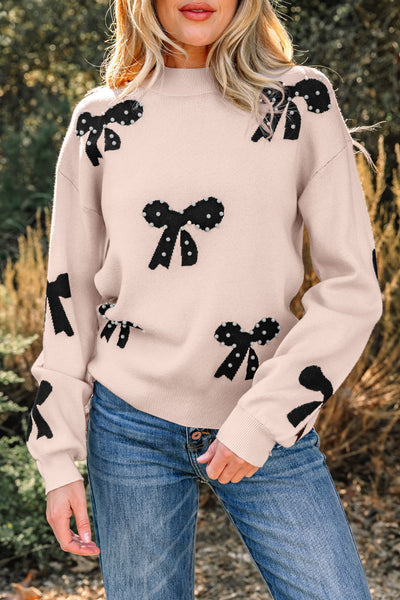 Women's Pearl-Studded Bow Intarsia Knit Sweater in Champagne