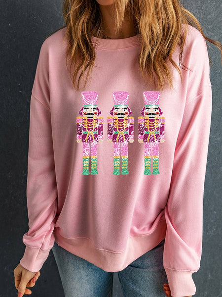 Neon Nutcracker Print Pink Sequin Christmas Crewneck Sweatshirt